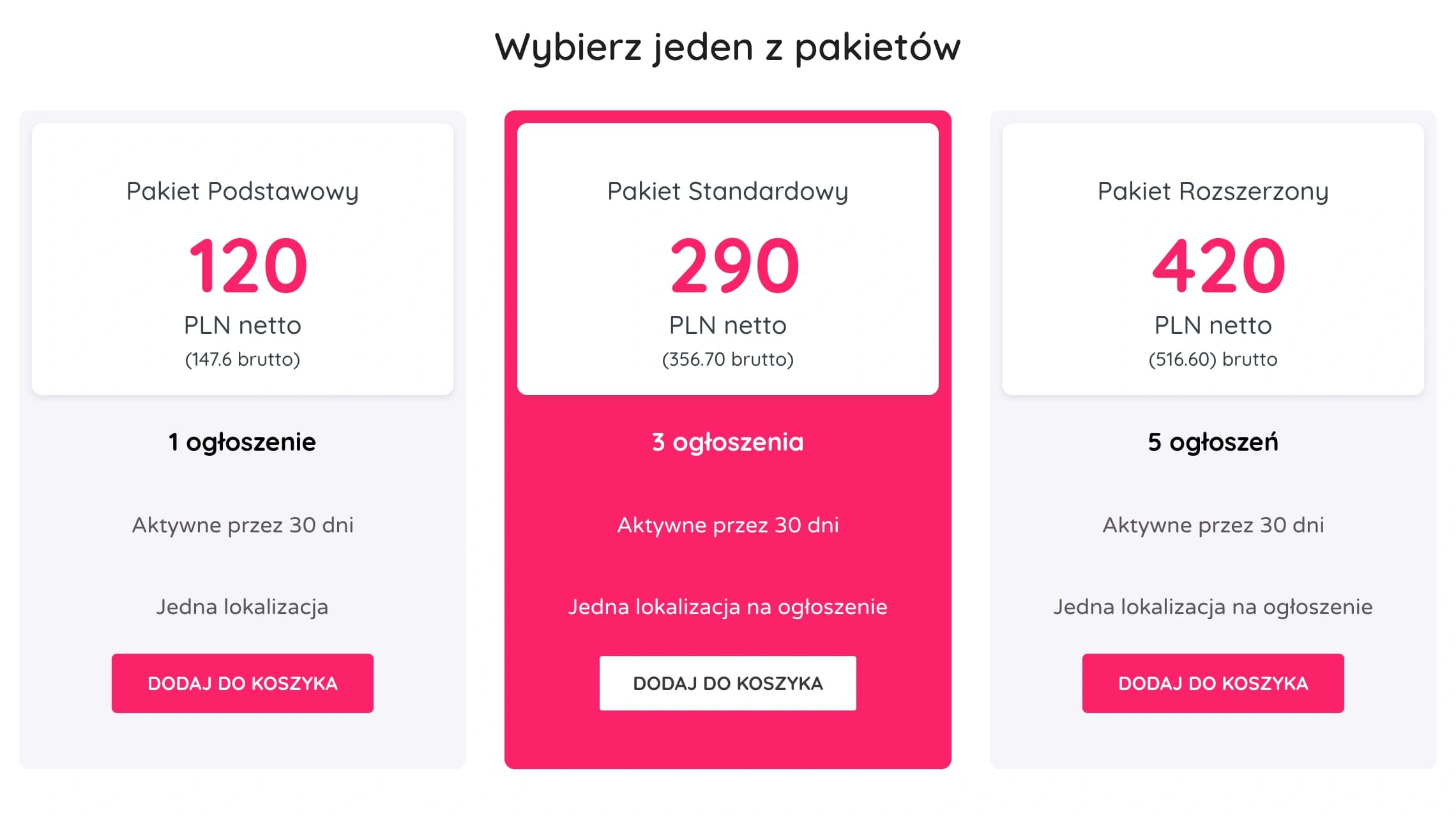 Screenshot of ZdalnaPraca package selection page.