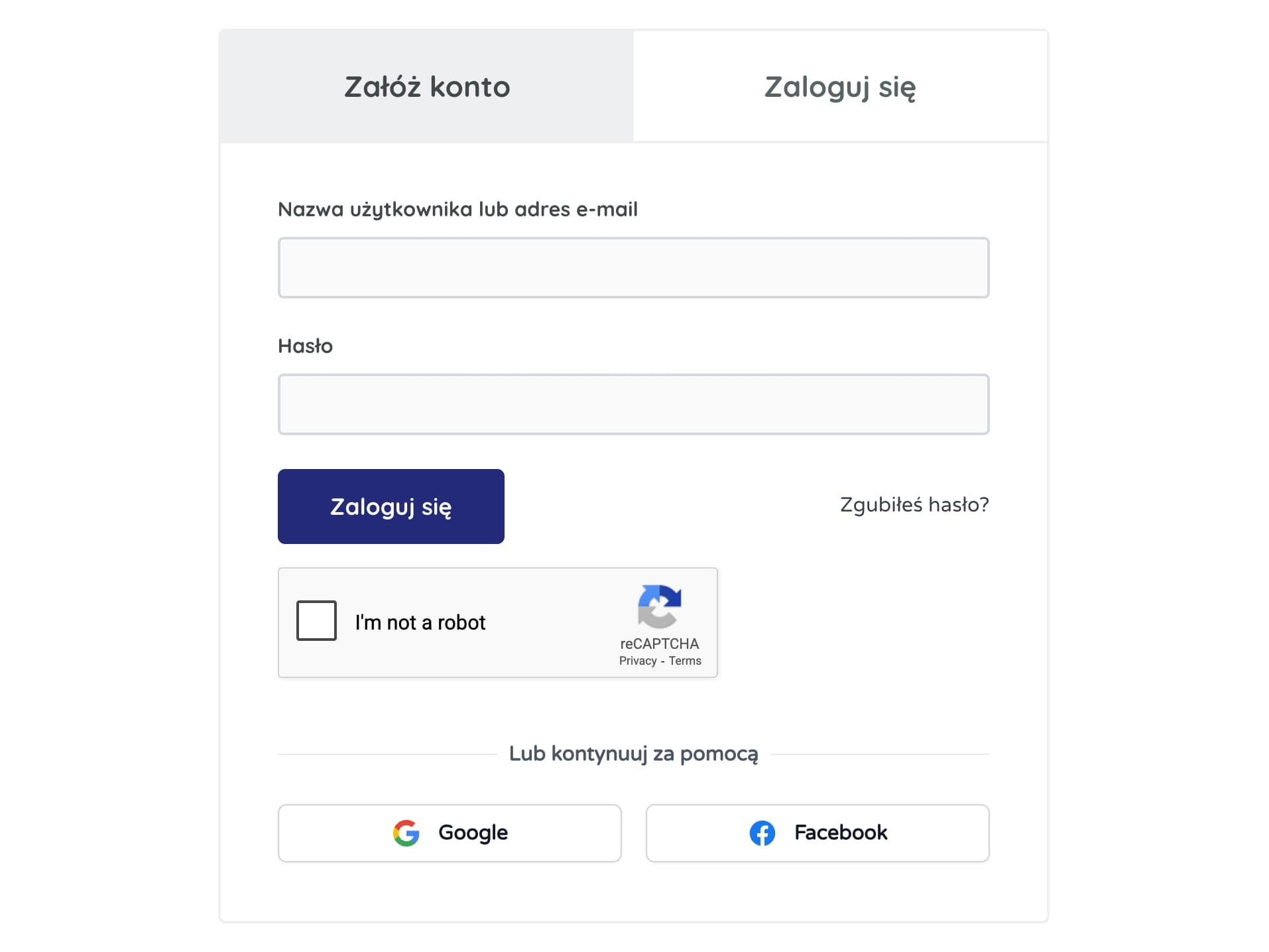 Screenshot of ZdalnaPraca login page with Google and Facebook login buttons.